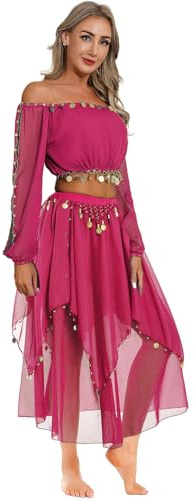 MSemis Costume da Danza del Ventre a Tema Indiano Donna Costume da Balletto Ballo Indiano Arabo Ballerino Abito Principessa Crop Top + Chiffon Gonna con Paillettes Dancewear Rosa Caldo Taglia Unica