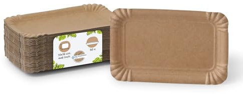 GREENBOX 50 platos de papel rectangulares, color marrón, 10 x 16 cm, sostenibles, resistentes y reciclables, platos desechables para cumpleaños, barbacoas y fiestas, silvicultura sostenible, placas