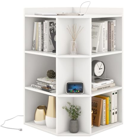 GIANTEX Libreria Angolare Triangolare con 3 Ripiani e 9 Vani Aperti, Presa di Ricarica Integrata, 51 x 71,5 x 86 cm, per Soggiorno e Studio