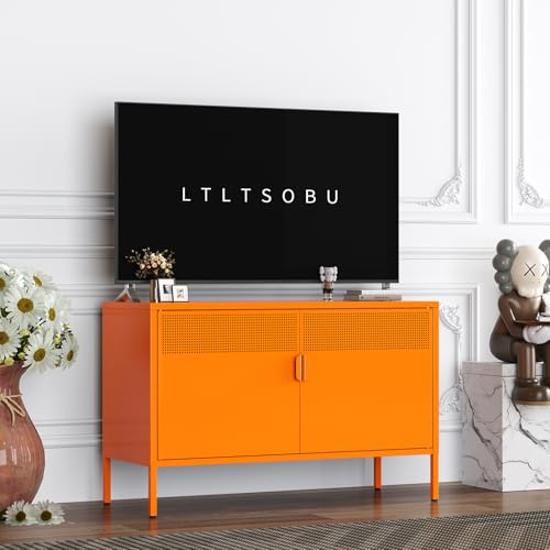 LTLTSOBU Orange Metal Storage Cabinet with 2 Doors - 25''H TV Stand, 2 Tier Locker with Adjustable Shelves, Multipurpose TV Cabinet for Office, Home, Living Room, Kitchen