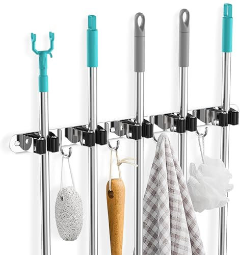 Cheerhom Besenhalterung Wand Selbstklebend, Gerätehalter Wand mit 5 Halter+4 Hakenleiste, Gerätehalter mit Schraubbefestigung, Edelstahl Gartengerätehalter für Küche, Bad, Garten, Garage