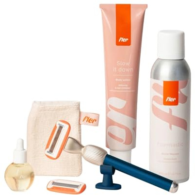 Fler Dream Team Set - Maquinilla de Afeitar para Mujer con Soporte y 2 Cuchillas de Repuesto, Espuma de Depilación, Aceite Post Depilación y Crema Corporal, Cuchillas Unisex con Aloe Vera (Azul)