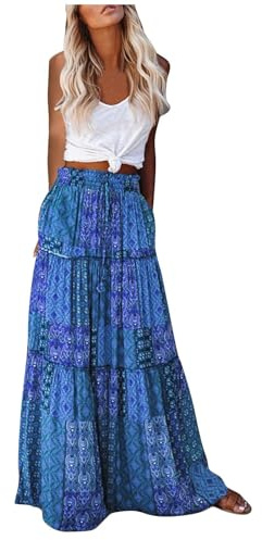 Women's Maxi Skirts Bohemian Chiffon High Waisted Casual Skirts with Pockets Elasticated Waist Summer Pleated Long Dresses Elegant Flowy A-Line Beach Skirt Holiday Drawstring Tiered Skirts Dark Blue