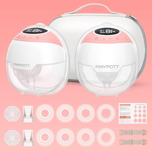 Breast Pump, Maypott Electric Hands Free Wearable Breastfeeding Pumps Mobile Style, Double-fit Flange with 3 Modes & 15 Levels, 24mm,180ml/6oz - 2 Pack Pin Breast Pumps Accessories