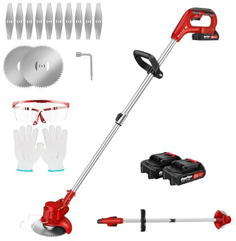 Cordless Grass Trimmer, Electric String Trimmer/Edger with 2 x 1.5Ah Batteries, Telescopic Rod and Adjustable Machine Head, Suitable for Lawn Garden Pruning, Red