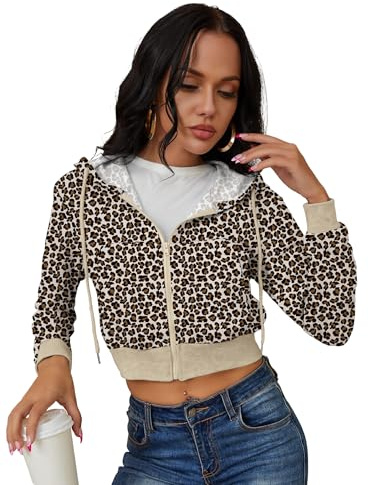 milanpavilion - Felpa corta con cappuccio da donna con zip, con coulisse, felpe con cappuccio casual, top a maniche lunghe, Small