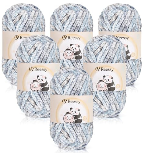 Reessy Chenille Yarn 600g(6×100g), Super Soft Fluffy Velvet Yarn Set, Thick Yarns Knitting Wool for Knitting and Crochet Amigurumi, Handbag, Blankets, DIY(Blue Grey)