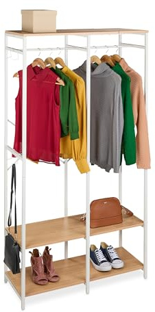 Relaxdays Garderobe, offen, Kleiderschrank, Ablagen & Stange, HBT: 180x94,5x40 cm, Kleiderständer, Metall, weiß/Natur