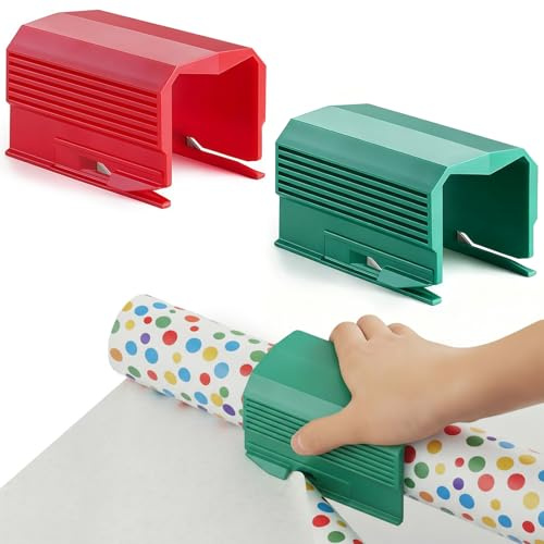 Juego de 2 Cortadores de Papel de Regalo Deslizante, Corte Rápido Cortador de Envoltura, Mini Diseño Portátil para Rollos de Papel Navidad, Cumpleaños y Festivos, Rojo y Verde