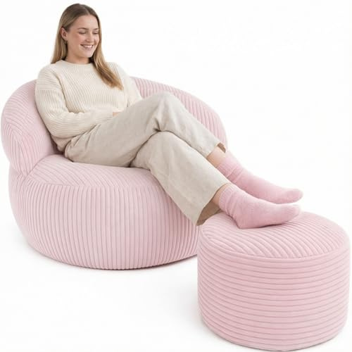 Bananair - Pouf Salon & Chambre en Velours Côtelé - Pouf Fauteuil XXL Doux & Élégant - Housse Lavable en Machine - Idéal Salon, Chambre Adulte, Ado (110x100cm, Rose Pâle)
