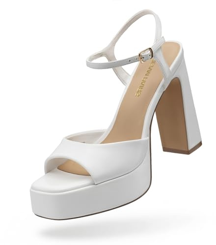 DREAM PAIRS plattform högklackade för kvinnor | Fyrkantig tå tjocka högklackade ankelremsandaler för bröllopsfest formellt evenemang, 11,40 cm blockklack, 2,69 cm plattform