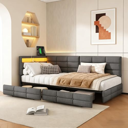 YGHQAP Polsterbett bäddsoffa 90x200 med LED och USB, enkelsäng ungdomssäng med 2 förvaringslådor, bäddsoffa dagsäng daybädd funktionssäng, utan madrass (lingrå, 90x200)