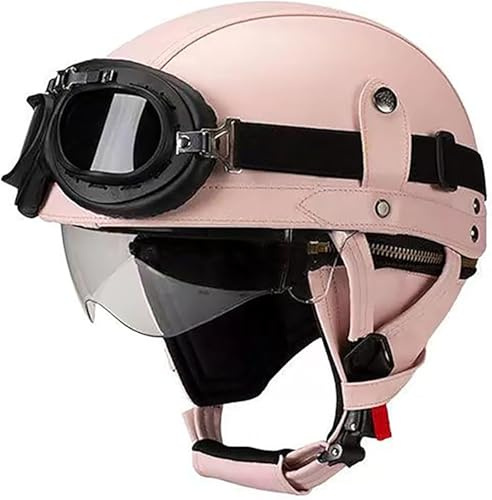 Casco da moto a mezza calotta, casco vintage in pelle, omologato ECE con occhiali, casco jet, casco retrò personalizzato per uomo e donna, cruiser, chopper, scooter, casco per ciclomotore 6,XL=61~62CM