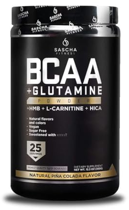 SASCHA FITNESS BCAA Aminoácidos Ramificados en Polvo con Glutamina, HMB, HICA y L-Carnitina | 5 en 1 Recuperación Muscular Pre Intra Post Entreno | Sabor Piña Colada 387,5 g