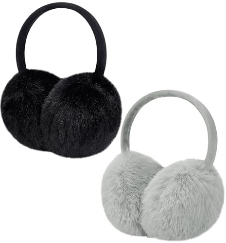 MADHOLLY 2 Pack Adjustable Ear Muffs for Winter Women - Soft Warm Fluffy Faux Fur Ear Warmers Earmuffs, Black & Grey