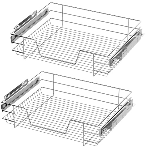 XEMQENER 2 Pcs Kitchen Pull Out Wire Baskets Drawer Storage for 600mm Units | Heavy Duty Slide Out Drawers, Telescopic Kitchen Utensil Holder Rack, Larder Drawers Organise, With Buffer, 57x44x14cm