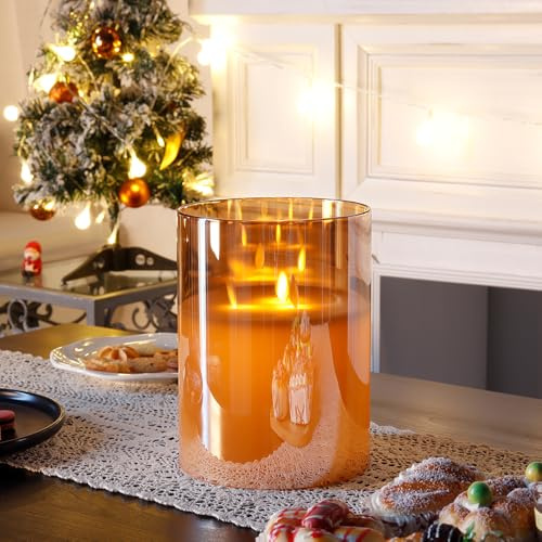 JHY DESIGN Large Moving 3 Wicks 20cm Dia Battery Powered Candle Simulation 3D Glass LED Flameless Tea Lights with 6-Hour Timer Function for Party Christmas Wedding Living Room Table Bar(Gold)