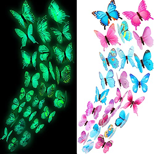 48 Pieces Glow in The Dark Butterflies for Ceiling 3D Butterfly Decal Sticker Wall Decor DIY Adhesive for Room Nursery Living Room Luminous Realistic Home Garden(Purple and Blue)