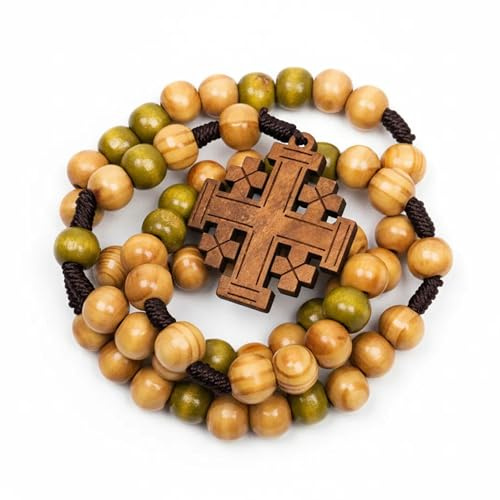 Nazareth Store - Rosario con croce di Gerusalemme, perline in legno di ulivo cattolico, corda corta