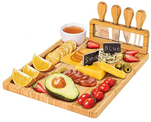 KELUNIS Juego De Tabla De Quesos Y Cuchillo, Juego De Tablero De Charcutería Y Fuente para Servir Queso con 4 Cuchillos De Acero Inoxidable Y Estante para Cuchillos, Opción Gourmets