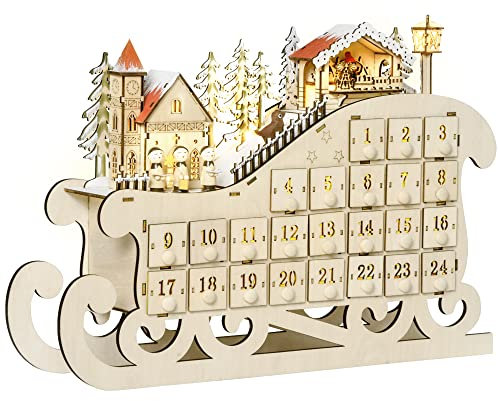 HOMCOM Adventskalender zum Befüllen 24 Schubladen Fächer Weihnachtskalender mit LED-Lichtern Schlitten-Form Adventskalenderbox Weihnachtsdekoration DIY Sperrholz-Platte Naturholz 45 x 10 x 31 cm