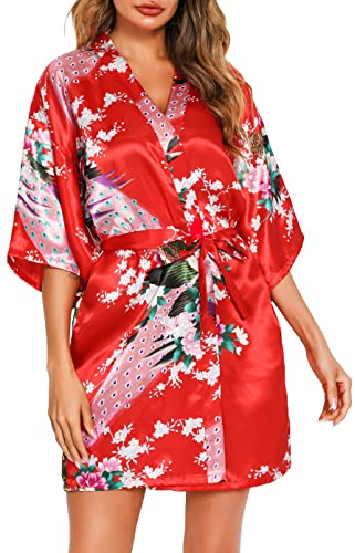 Vlazom Kimono-morgonrock för kvinnor, satinbadrock, nattlinne, kort bröllopsrock