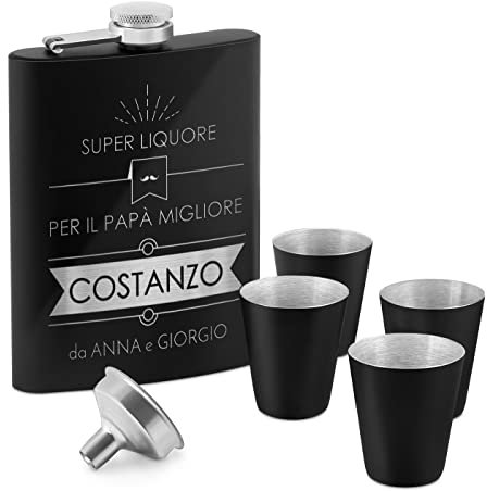 Fiaschetta nera in metallo - incisione personalizzata - 200ml - in acciaio inossidabile - 4 bicchieri e mini imbuto - dimensioni 15,5cm x 9,5cm - pensiero per uomo - super liquore