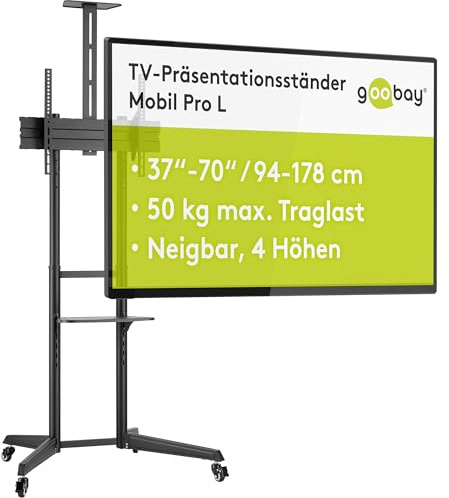 goobay TV-Präsentationsständer 37–70 Zoll, mobil, höhenverstellbar bis 1966 mm, VESA 600x400, bis 50 kg, mit Kameraablage – Pro L – 59508