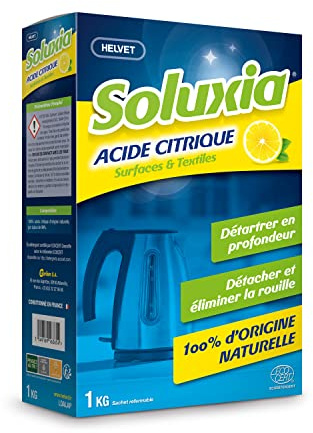 Soluxia Acide Citrique 1 Kg - Apte Contact Alimentaire – Produit Ecolgique Certifié ECOCERT 100% d’Origine Naturelles pour Surfaces et Textiles