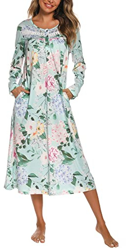 YOZLY Nightgowns for Women Cotton Long Sleeve Night Gwon Ladies House Dress Floral Green, Large