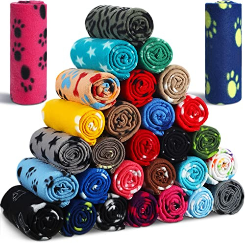 Chumia 28 Pieces Puppy Blanket Bulk Small Fleece Pet Blanket for Puppy Dogs Kitten Cats Pets Soft Warm Paw Print Sleep Mat Bed Covers, 28 Styles(27.5 x 39.3 Inch)