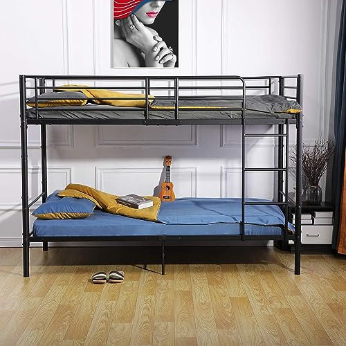 FetiNes Metall Bett Etagenbett Stockbett 90x200 cm,Hochbett Metallbett Jugendbett Doppelstockbett mit Lattenrost Schlafzimmer - Schwarz