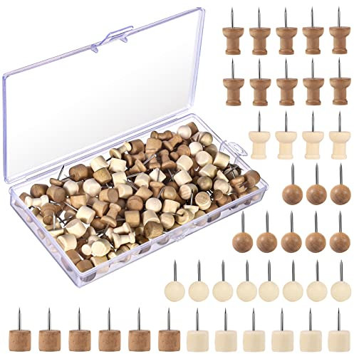 150 Stück Pinnadeln Holz, Reißzwecken Holzkopf Pinnwandnadeln mit Aufbewahrungsbox Reißnägel für Pinnwand Korktafel Weltkarte Büro Schule Zuhause (6 Stile)
