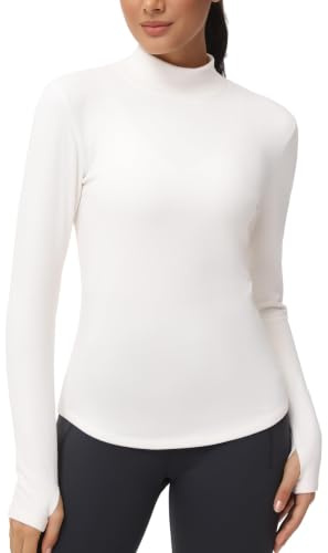 THE GYM PEOPLE Fleece Mock Turtleneck Pullover Base Layer Shirts Long Sleeve Workout Tops with Thumb Hole Beige