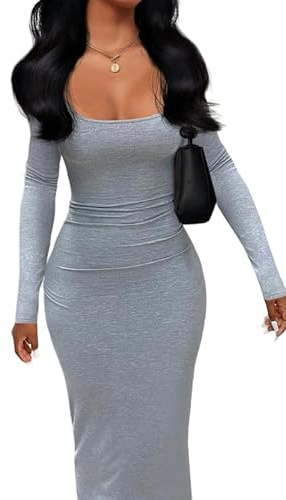 Rongseng Robe Longue Moulante Sexy à Col Carré pour Femme Bodycon Maxi Robe Slim Fit Maxi Dress Couleur Unie Streetwear pour Cocktail Party Clubbing Nuit