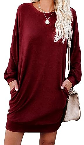 PrinStory damtröja långärmad vinterklänningar ledig lös miniklänningar stickad pullover tröja tunika toppar basklänning med sidofickor, Aa vinröd, M