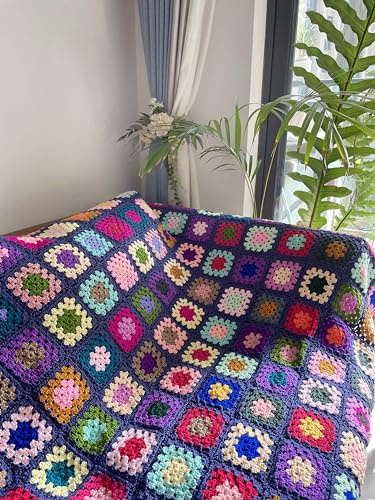 RISEON Coperta quadrata fatta a mano all'uncinetto, motivo nonna, stile maglione, trapunta all'uncinetto, multicolore bohémien, decorazione da viaggio, per divano, letto, reclinabile, soggiorno e
