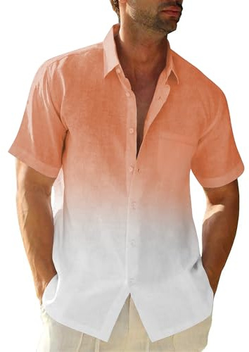 Shirt Men's Gradient Linen Shirts Casual Short Sleeve T-Shirts Button Down Beach Shirt Summer Shirts Casual Shirt for Men Holiday, orange, 3XL
