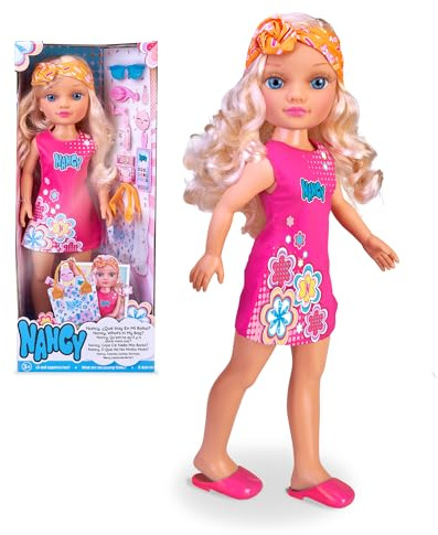 Nancy, cosa c'è nella mia borsa?, bambola con lunghi capelli biondi, look estivo, bandana, borsa trasparente e accessori. Per bambine/I dai 3 anni, Famosa (NAC68000)