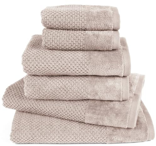 Pure Label 6-TLG. Handtücher Set mit Aufhängeschlaufen aus 100% Baumwolle, saugstark und weich - 2X Badetuch (70x140 cm) 2X Handtuch (50x100cm) 2X Gästetuch (30x50 cm), Stein - Taupe