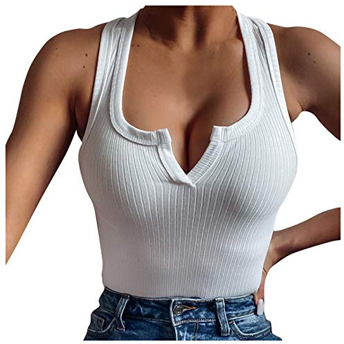 Camiseta interior de algodón acanalado fino para mujer, camiseta interior sin mangas, camiseta de punto acanalada, camiseta de yoga, cuello en V, camiseta de tirantes Y2K, Blanco, XL