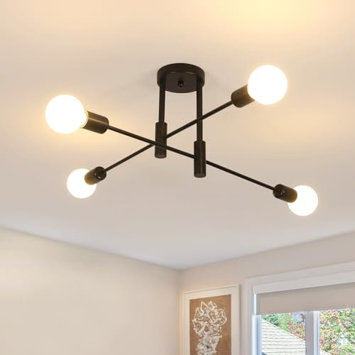 Goeco Lámpara de Techo Industrial, Lámparas Colgantes 4 Luces Portalámparas E27, Plafon Sputnik de Techo de Metal Negro para Salón Dormitorio (No Incluidas Bombillas)