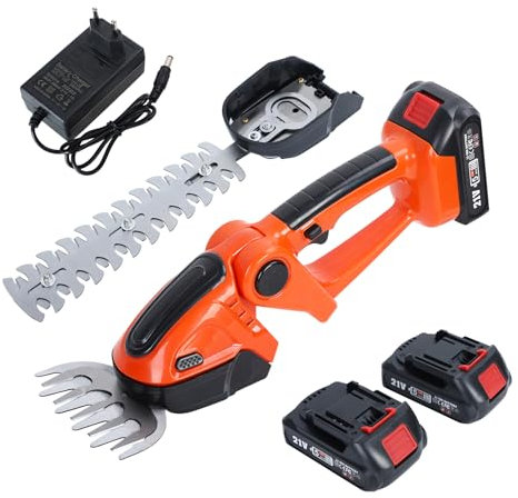 Heckenschere Akku, 21V Akku Gartenschere, 2 In 1 Schnurlose Akku Grasschere & Heckenschere Elektrisch, Tragbare Elektrogartenscheren mit 2 Wiederaufladbaren Batterien für Garten Rasen