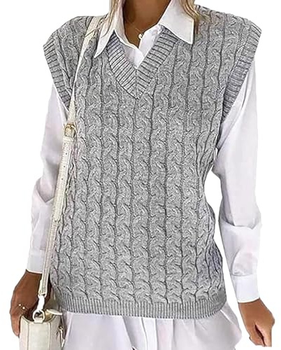 Sleeveless Jumpers for Women Plain Ladies Chunky Knit Vest Womens Knitted Winter V Neck Tank Top Cable Sweaters Pull Over Soft Casual Outwear Sleeveless Jumper Plus Size UK (Grey, 20-22)