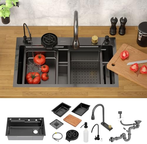 ML-Design Diskho i Rostfritt Stål 75x46cm Antracit Rektangulär Undermonterad Köksdiskho med Kran och Vattenlås, Avloppssystem, Sifon, Enkel Montering, Modern Design för Kök, Hållbar Diskbänk i Metall