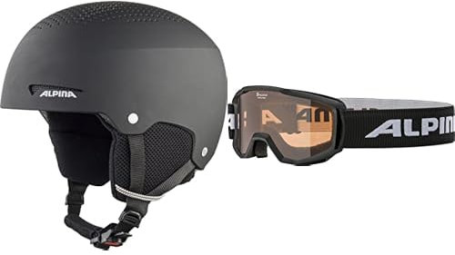 Alpina Kinder Skihelm Set - Alpina Zupo, Sicherer & Schlagfester Skihelm Für Kinder, Black matt + ALPINA Piney - Beschlagfreie, Extrem Robuste & Bruchsichere Skibrille Mit 100% UV-Schutz für Kinder