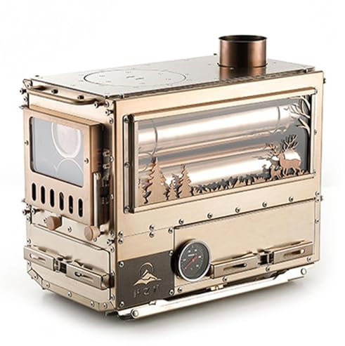 Outdoor Camping Stove Camp Tent Stove Built-In Oven & Expand Platform, Foldable Portable Wood Burning Stove with Chimney Pipe for Camping, Cooking, Indoor, Tents Heater, Hiking, Fishing,Gold