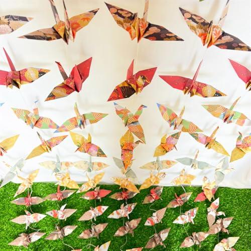 YMASELA Large Japanese Washi Paper Crane Hanging Garlands(5.3ft X 4strings) Mixed Patterns Folded Handmade Origami Birds Streamers for Wedding Bridal Shower Baby Shower, Birthday Party Supplies