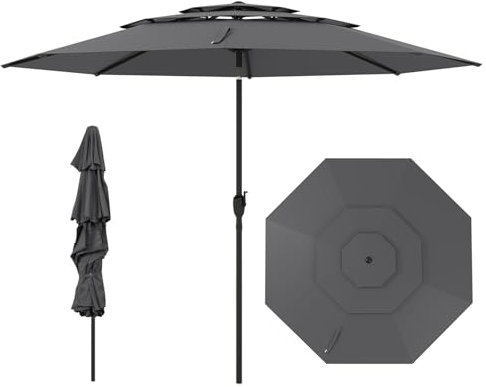 COSTWAY 3-stöckiger Sonnenschirm, 300 cm Gartenschirm windfest stabil, Terrassenschirm mit Kurbel, beidseitig um 30° knickbar, Balkonschirm belüftet, Marktschirm für Garten, Balkon (Anthrazit)