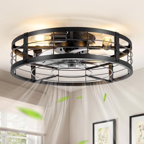 LEDIARY 20 Caged Ceiling Fan with Light and Remote, Low Profile Flush Mount Fandelier, Black Bladeless Enclosed Small Fan Lights Ceiling Fixtures, Rustic Farmhouse Style for Bedroom, Outdoor